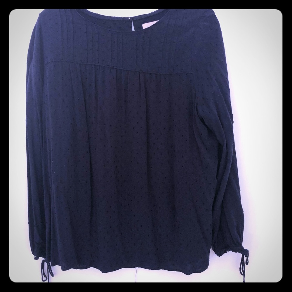 Loft navy blue top smocked neck ties at wrist